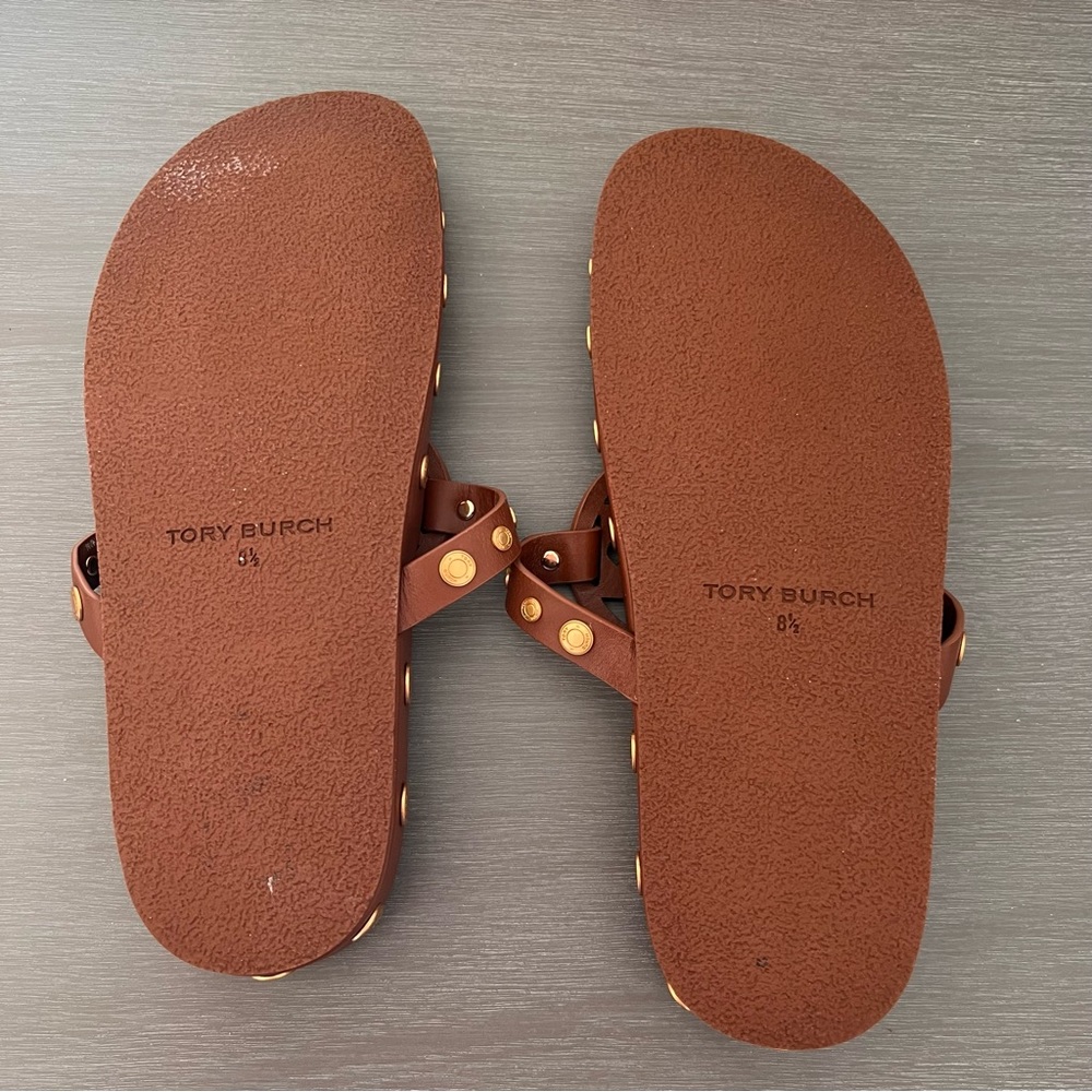 Tory Burch Brown Miller Coin Leather Thong Sandals - Picture 7 of 8